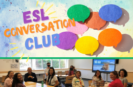 Colorful paint splatters with speech bubbles.  Bottom photo of ESL Conversation Club meeting.