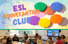 Colorful paint splatters with speech bubbles.  Bottom photo of ESL Conversation Club meeting.