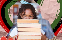 A large hand-drawn heart outlined in red, black, green and white. Inside the heart is a photo of a young black girl smiling and holding a stack of books with only her eyes visible above them. Text at the top reads "A Valentine for Black Stories" and "A Children's Book Fair"