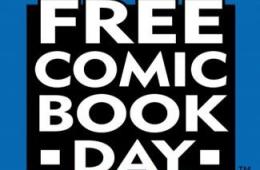 "FREE COMIC BOOK DAY" in bold white letters over a black box over a blue background. 