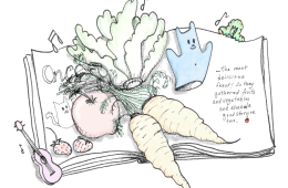 drawing of fruits and vegetables on an open book with a puppet, a ukulele, and a little worm