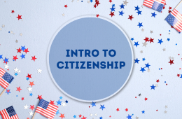 Introduction to US Citizenship Process in blue with red and silver stars
