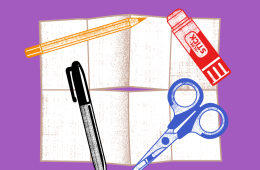 Illustration of folded paper and art supplies on a purple background with white text reading "Intro to Zines"