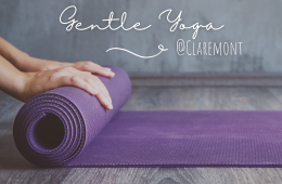 person rolling purple yoga mat and text tha treads "Gentle Yoga at Claremont"