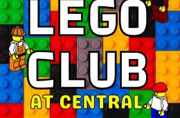 "Lego Club at Central" with lego brick background and 3 minifigures surrounding the words