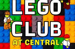 "Lego Club at Central" with lego brick background and 3 minifigures surrounding the words