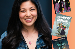 portrait of Maggie Tokuda-Hall and three book covers.