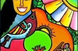 drawing of Mariela Herrera with a colorful flower, a guitar and a tree