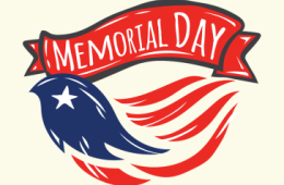 Red banner with the words "Memorial Day" and a stylized eagle with USA flag