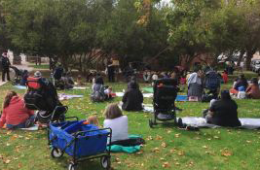 Patrons listen to story time on the lawn at the North Branch Library