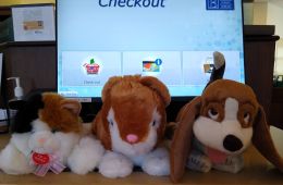 Three stuffed animals at the self checkout machine