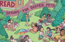 cartoon of teens on a lawn reading books