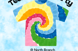 rainbow tie dye shirt on blue cloud background with event title in black