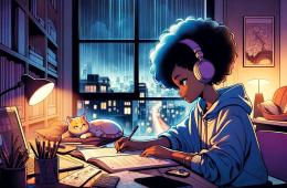 A teen with an afro, sitting at a desk, looking at a book, wearing headphones with a cat nearby