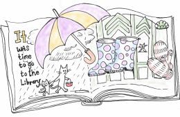 Open story book with the text "It was time to go to the library..." A parent and child cat are walking in the rain holding hands, and a blue and yellow umbrella, rain boots, and mittens are pictured in front of a large library building.