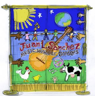 drawing of backdrop with a bright sun, the earth, a guitar, kids of all colors, and a variety of animals