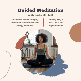 Seated woman meditating with text Guided Meditation with Nadia Mitchell