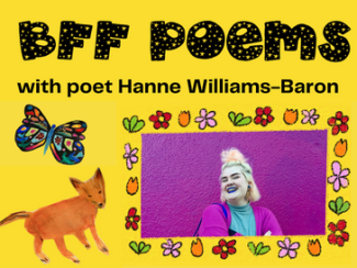 yellow background with vibrant portrait of poet Hanne Williams-Baron with frame of their illustrated flowers and a multicolored butterfly and orange fox