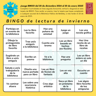 Teen's Winter Reading Bingo game card (English & Spanish)
