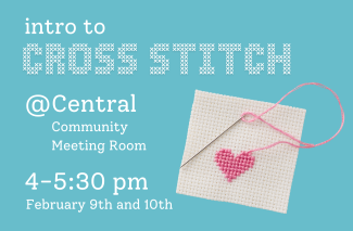 A photo of a pink cross-stitched heart beside the name, place, and time of the event