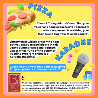 computer rendered pizza slice and microphone with the words "pizza" and "karaoke" floating underneath. Text on top that states "teen summer reading kick-off party!"