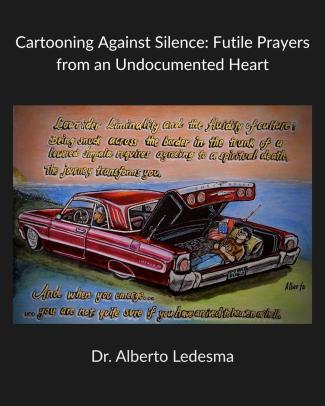 A painting depicts a red Chevrolet Impala with its trunk open, showing a person lying inside with flags. Text overlays the image, discussing the experience of being smuggled across a border in a lowrider.