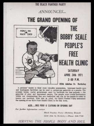 Newspaper clipping for the Grand Opening of the Bobby Seale's People's Free Health Clinic