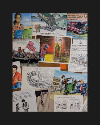 A collage of various illustrations and sketches, including comic panels, character drawings, and detailed sketches of machinery and figures.
