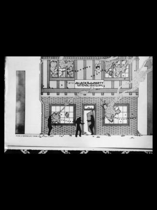 Graphic illustration of the Black Panther Party headquarters being vandalized
