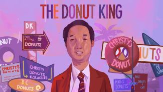 Illustration of Ted Ngoy surrounded by donut shops.  Title of movie is above him.