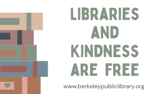Stack of books next to words "Libraries and kindness are free"