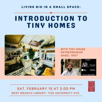 Image of the interior of a tiny home and photo of the presenter.