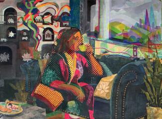 artistic rendering of a women seated drinking tea looking out window