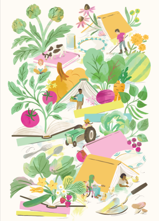 hand-drawn art of various people interacting with books and gardening/farming elements, blending themes of nature, food, and reading. 