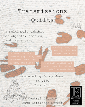 Flyer with quilt background and text for the exhibit