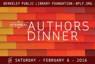 Authors Dinner text over yellow, orange, and red brick wall