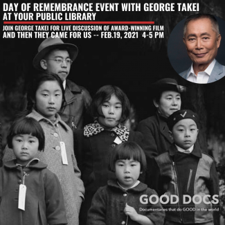 Black and white picture of children of various ages from film and picture of George Takei.