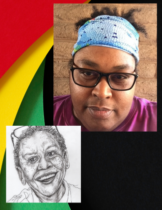 close up photo of artist Avy Jetter - inset of her illustration of poet Nikki Giovanni