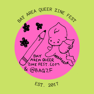 BAY AREA QUEER ZINE FEST LOGO OF ANGEL KEWPIE AND PENCIL ON A PINK CIRCLE WITH GREEN BACKGROUND