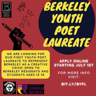 "Berkeley Youth Poet Laureate" is in yellow text on top of a black circle. The background is burgundary.