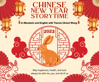 Flyer in red and cream with words Chinese New Year Storytime with images of rabbits 
