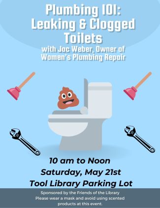 Event flyer featuring image of a toilet along with a plunger, wrench, poop emoji.