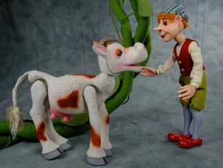 photo of marionette of cow and marionette of Jack from Jack and the Beanstalk 