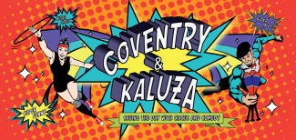 cartoon drawing of Coventry and Kaluza in the style of superheroes 