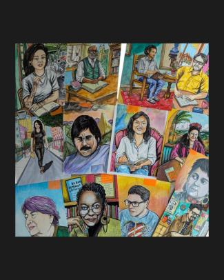 A collage of portraits of various individuals, rendered in a colorful, illustrative style that have inspired the artist..