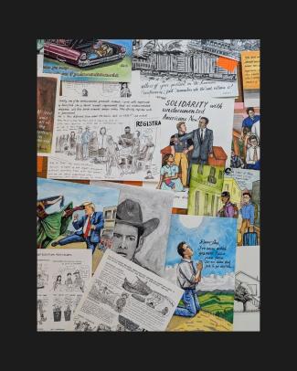 A collage of various drawings and illustrations, featuring different scenes and characters, including people, vehicles, and animals.