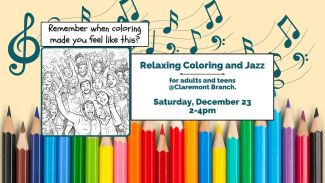 A rainbow of colored pencils and musical notes suggest a soothing coloring event for adults and teens.