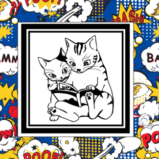 Two cats drawn anime style reading a comic book on a background of red, blue, yellow comics speech bubbles