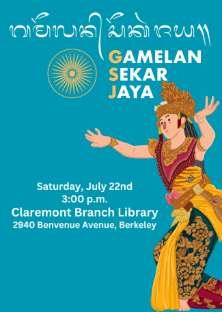 A Balinese dancer in front of a teal background with the words Gamelan Sekar Jaya