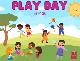 graphic of kids playing outside with words "Play Day in May" written in purple